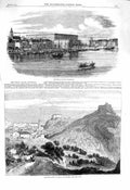 Original Old Antique Print 1860 Royal Palace Stockholm Ships Sicily Calatafimi