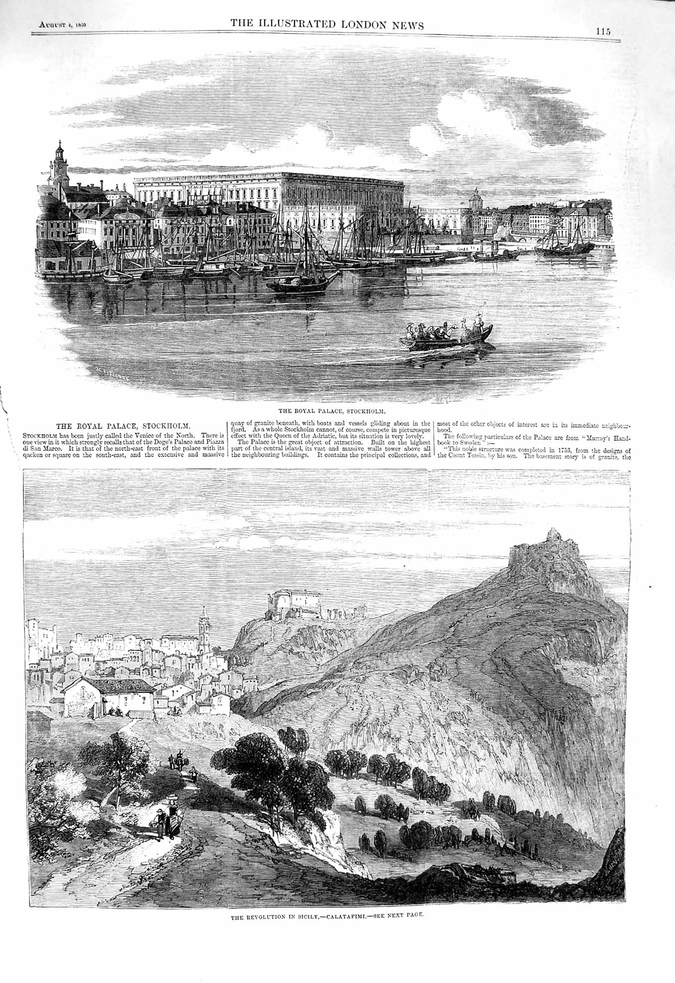 Original Old Antique Print 1860 Royal Palace Stockholm Ships Sicily Calatafimi