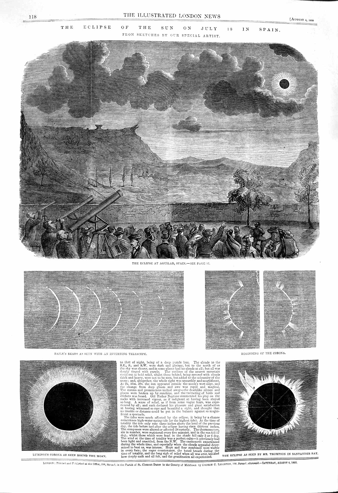 Old Antique Print 1860 Eclipse Sun Spain Aguilar Luminous Corona Baily'S 19th