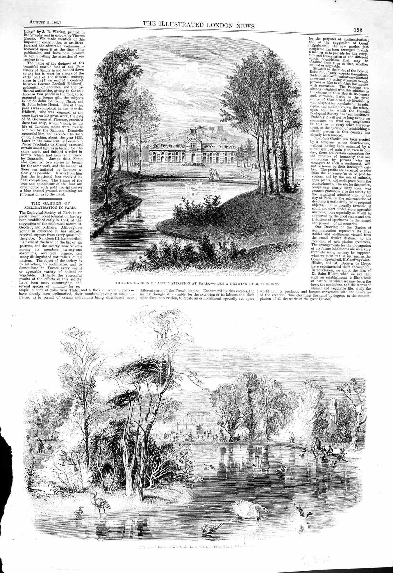 Original Old Antique Print 1860 Garden Acclimatisation Paris Kew Gardens Lake