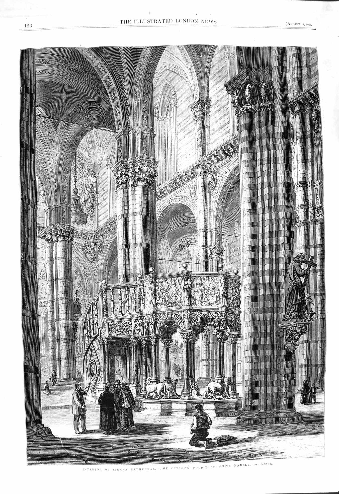 Original Old Antique Print 1860 Sienna Cathedral Octagon Pulpit White Marble