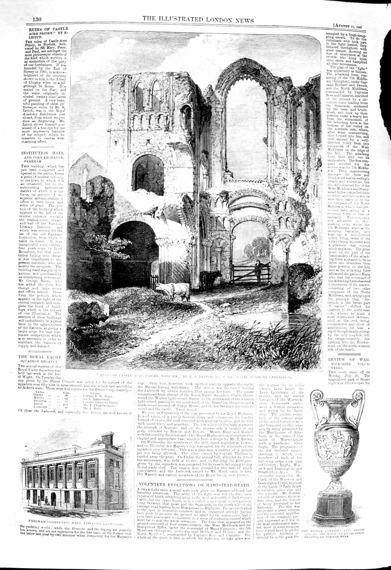 Old Antique Print 1860 Ruins Castle Acre Priory Norfolk Fareham Consort 19th