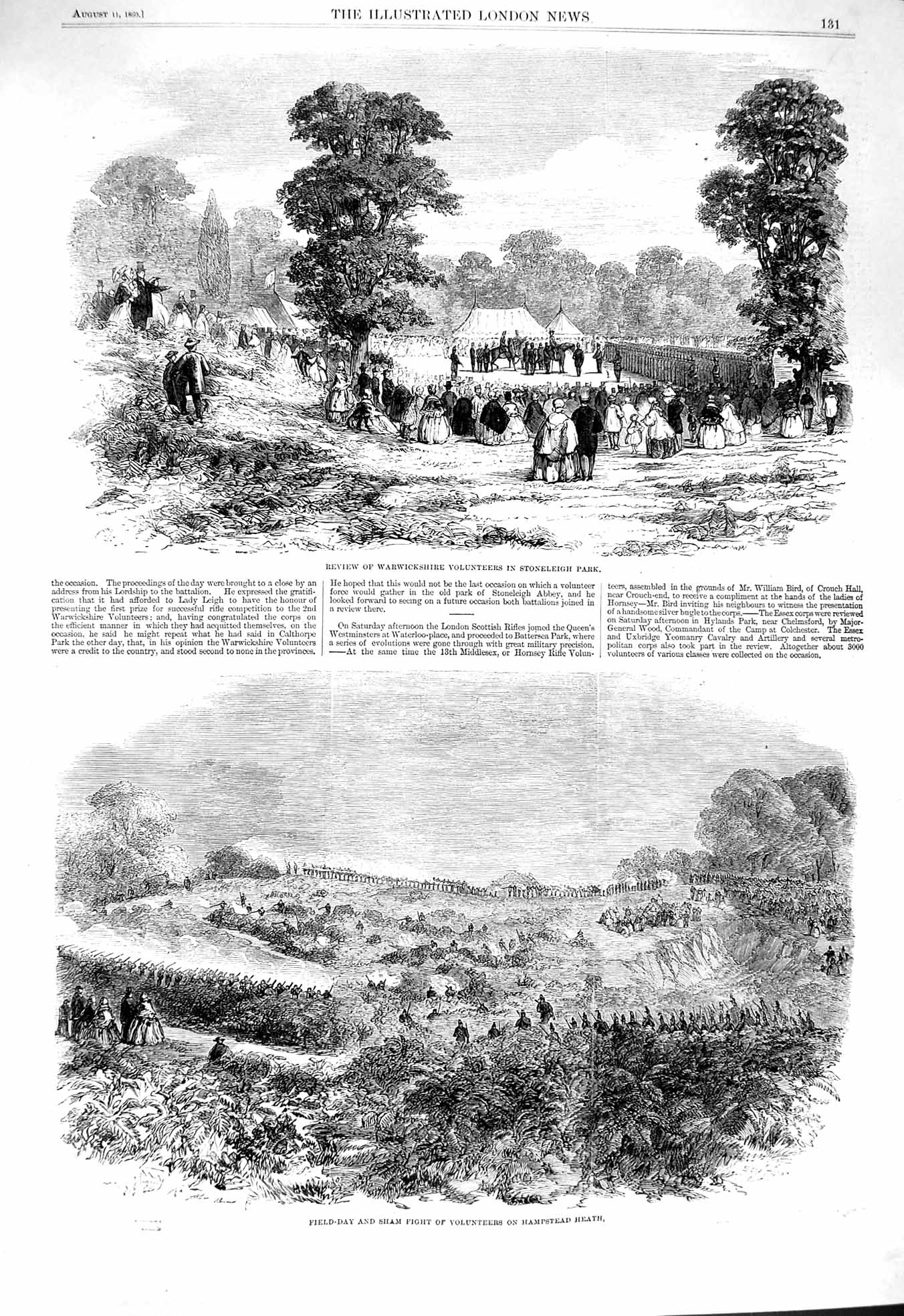 Original Old Antique Print 1860 Warwickshire Volunteers Stoneleigh Sham Ha 19th