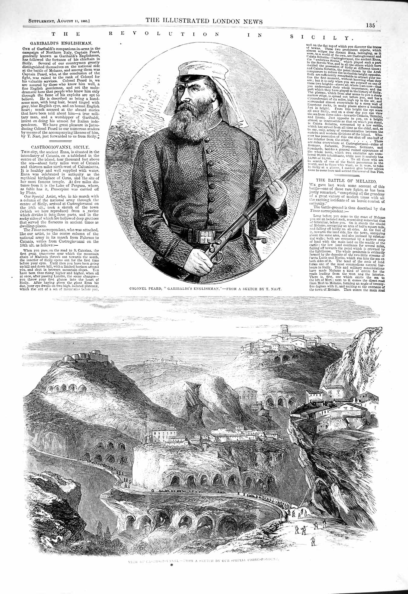 Original Old Antique Print 1860 Revolution Sicily Colonel Peard Castrogiovanni