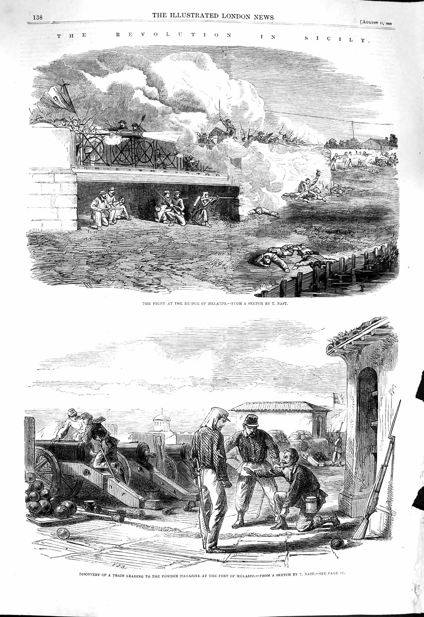Old Antique Print 1860 Revolution Sicily Bridge Melazzo Powder Magazine 19th