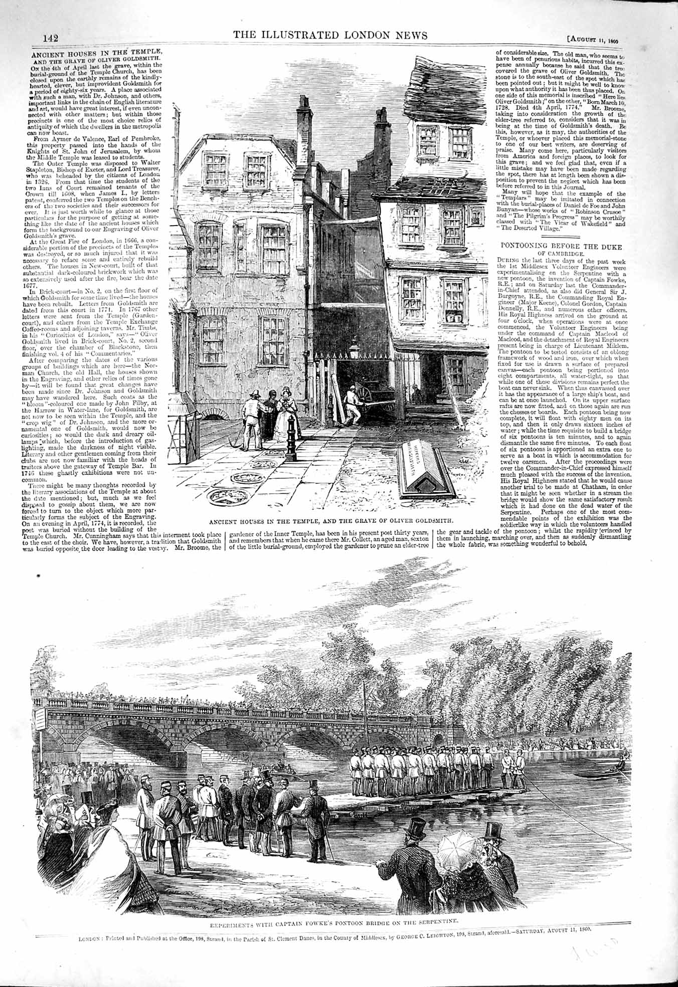 Original Old Antique Print 1860 Houses Grave Oliver Gsmith Captain Fowke Bridge