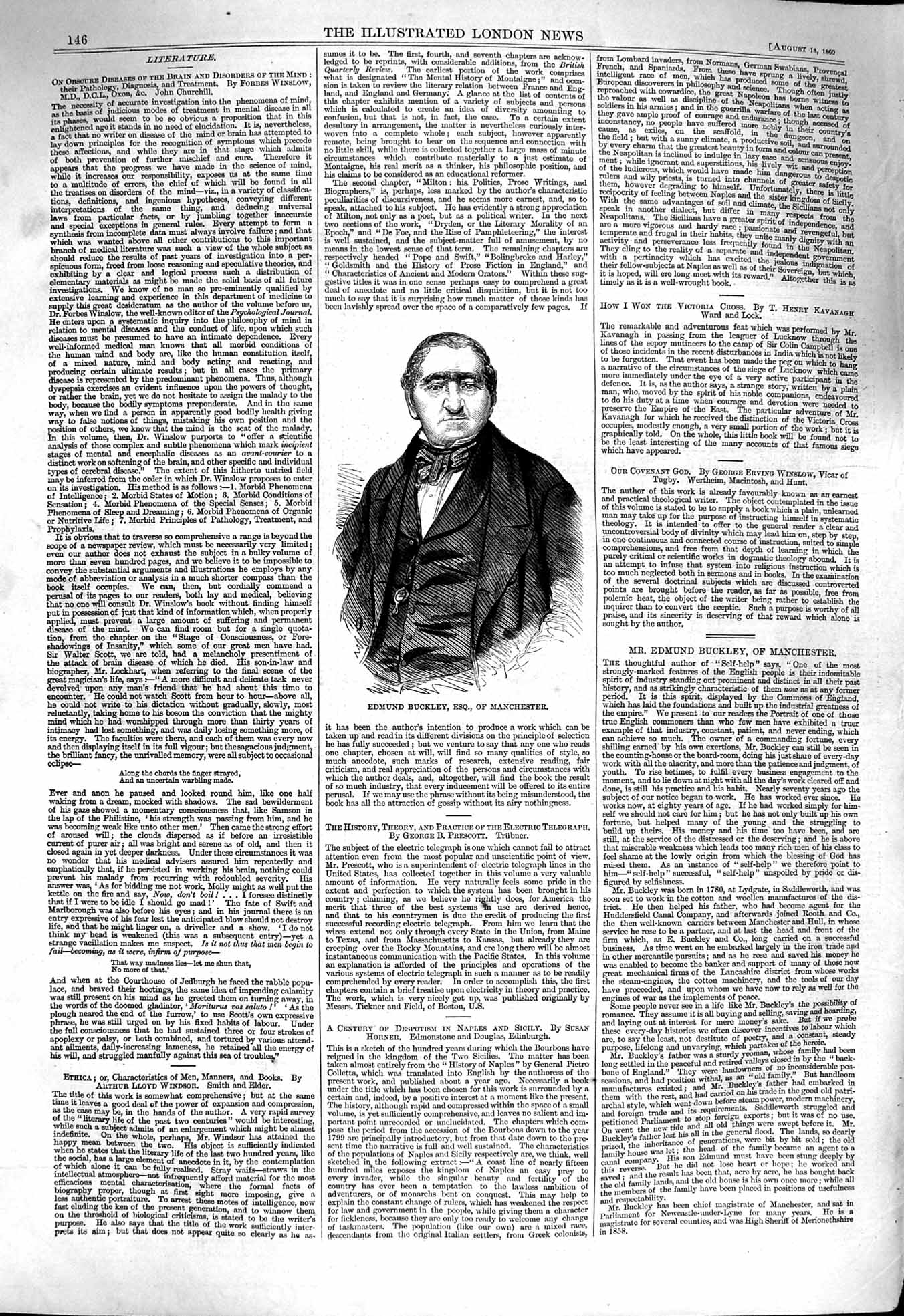 Original Old Antique Print 1860 Portrait Edmund Buckley Manchester Victorian