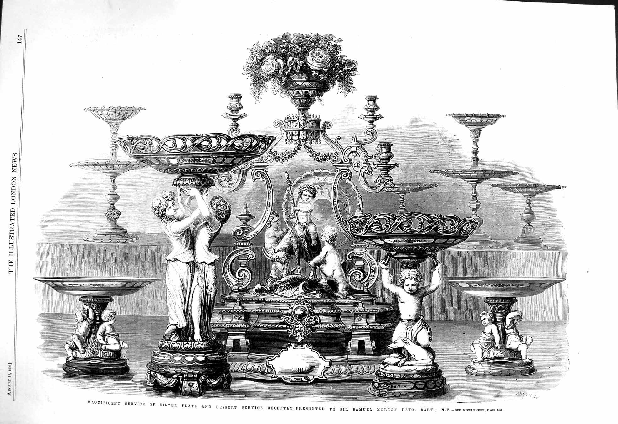 Original Old Antique Print 1860 Silver Plate Desert Service Samuel Morton Peto