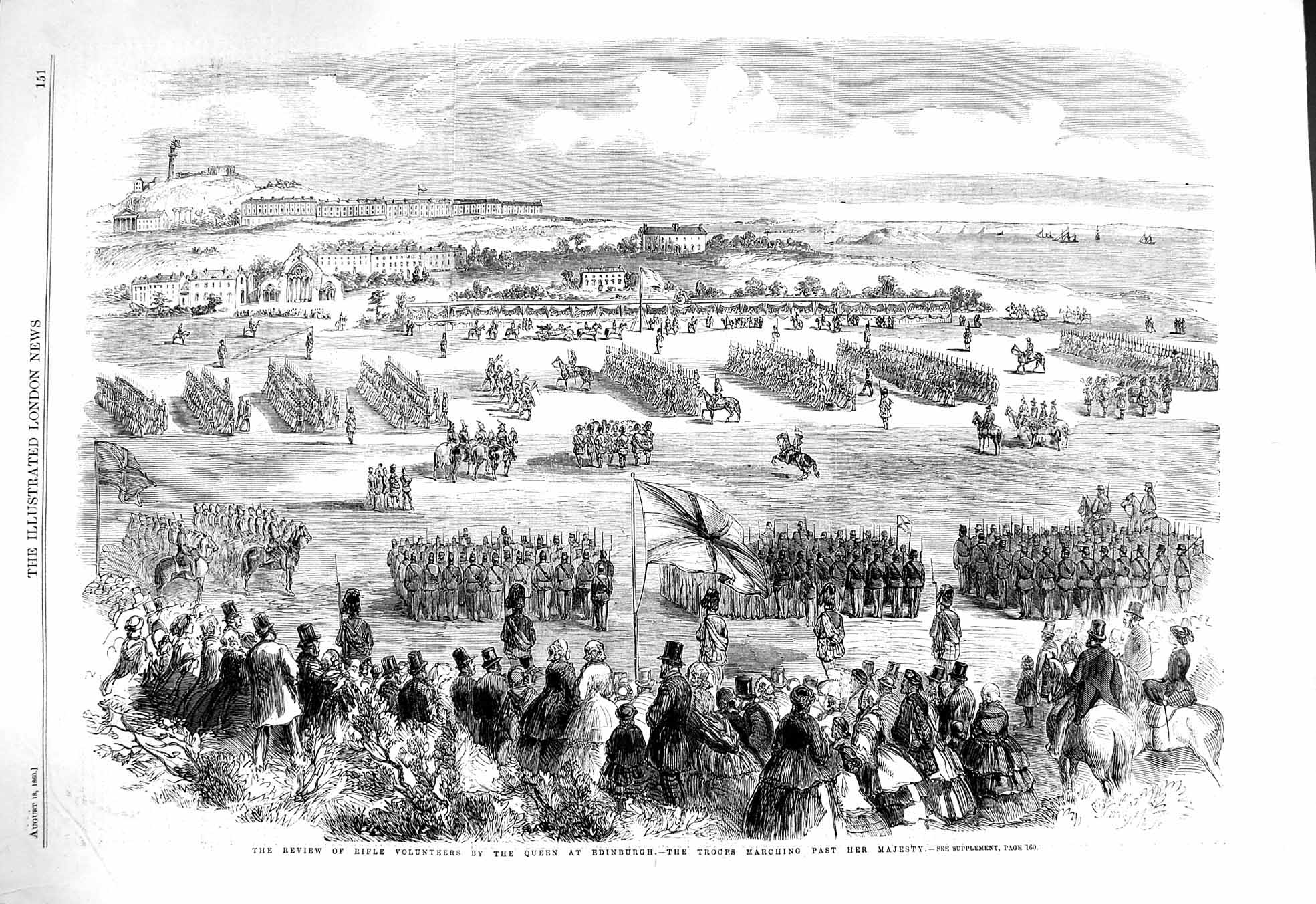 Original Old Antique Print 1860 Rifle Volunteers Siers Queen Edinburgh Scotland