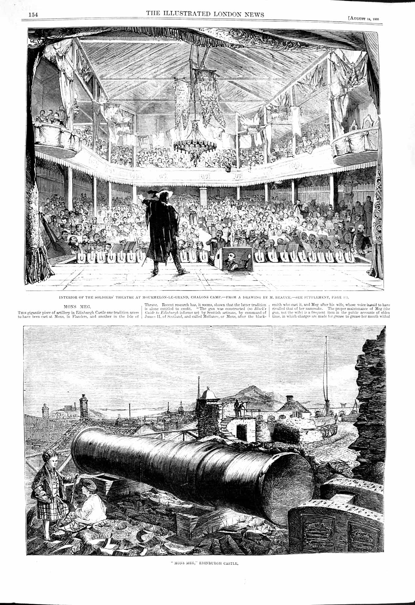Original Old Antique Print 1860 Siers Theatre Chalons Camp Mons Meg Edinburgh