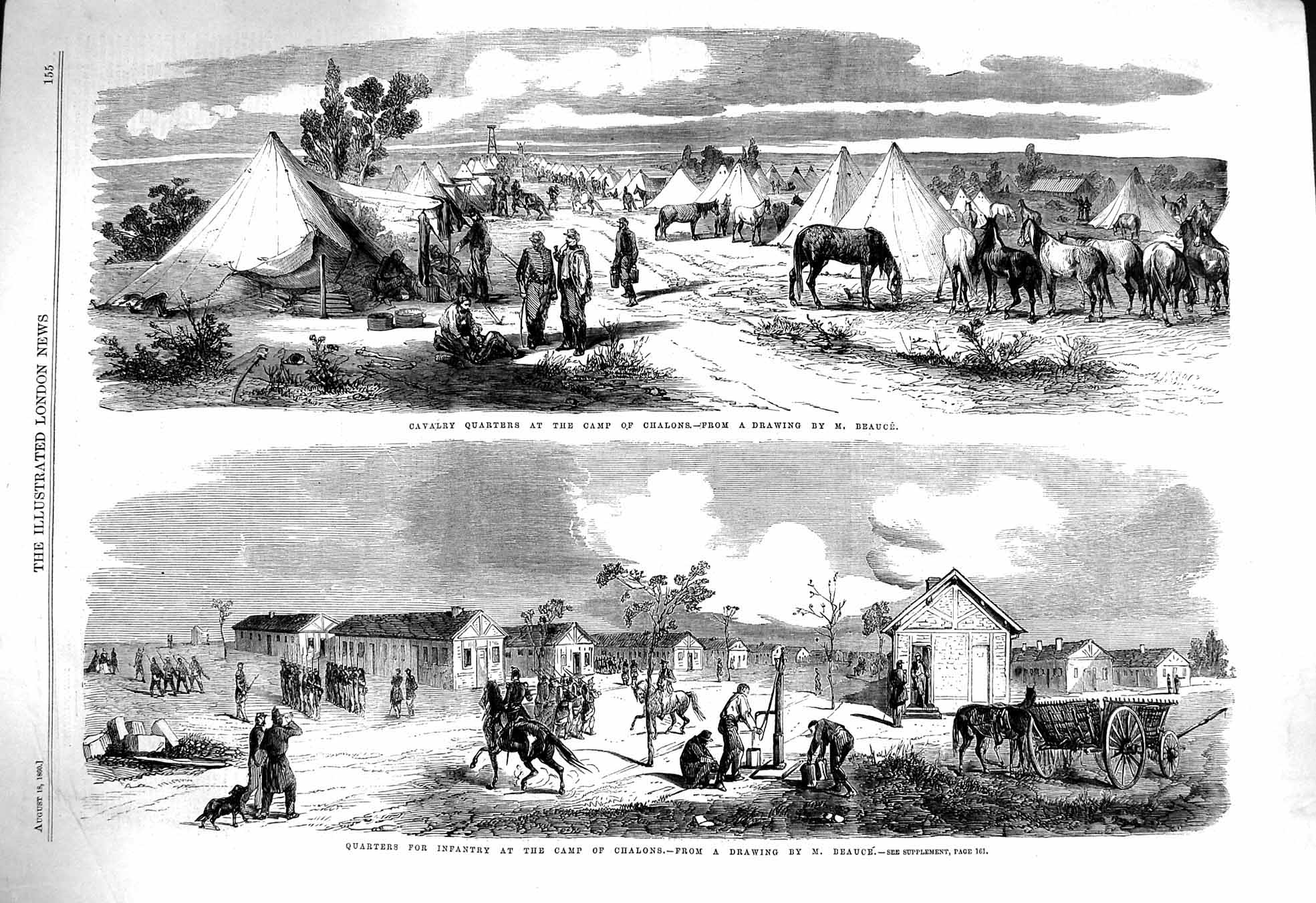 Original Old Antique Print 1860 Siers Camp Chalons Infantry Cavalry War Horses
