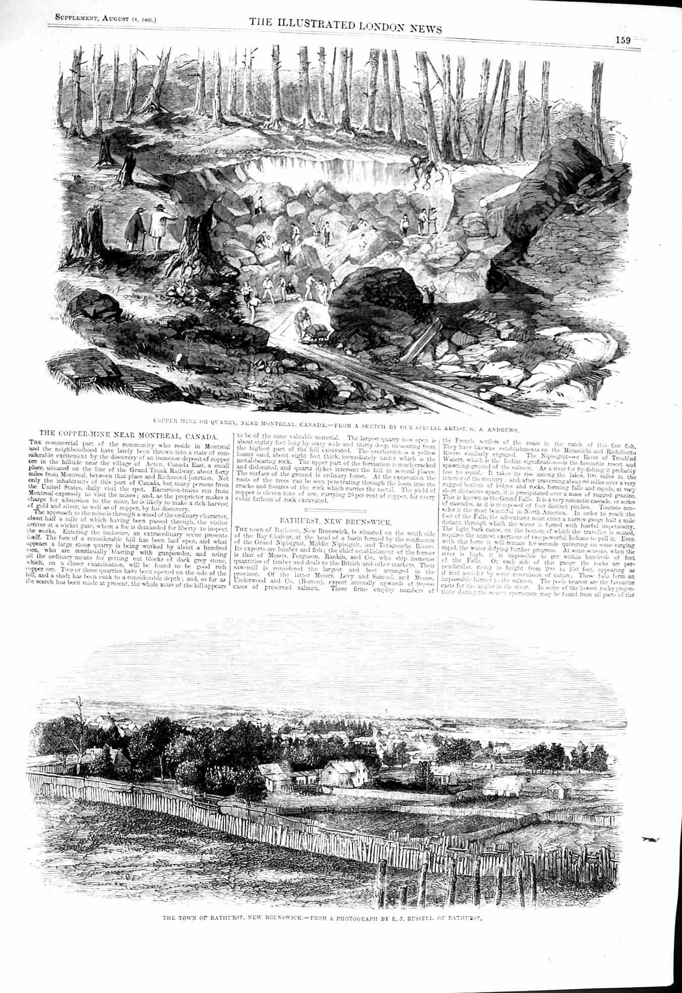 Old Antique Print 1860 Copper Mine Quarry Canada Town Bathurst Brunswick 19th