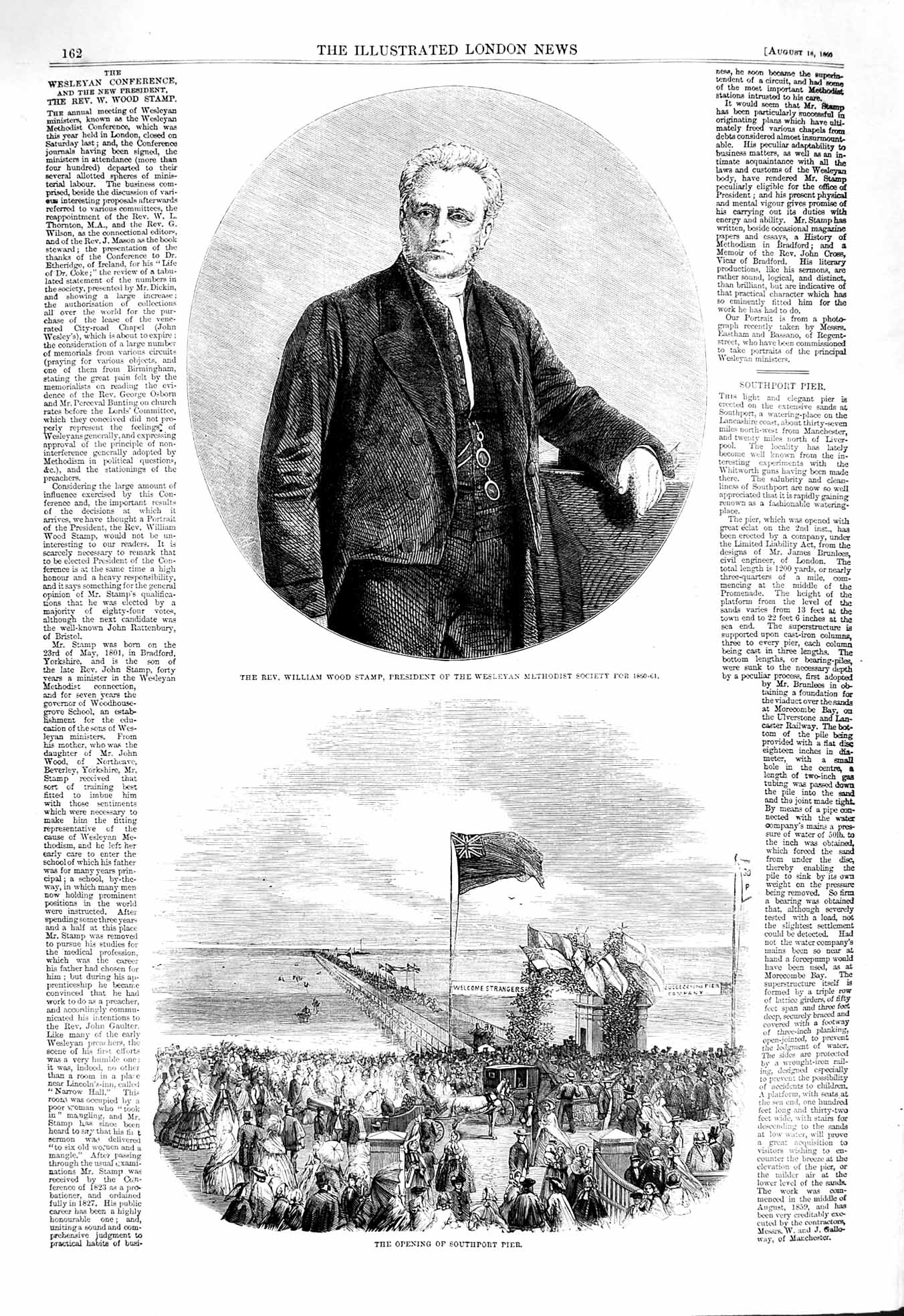 Original Old Antique Print 1860 Rev. William Wood Stamp Wesleyan Southport Pier