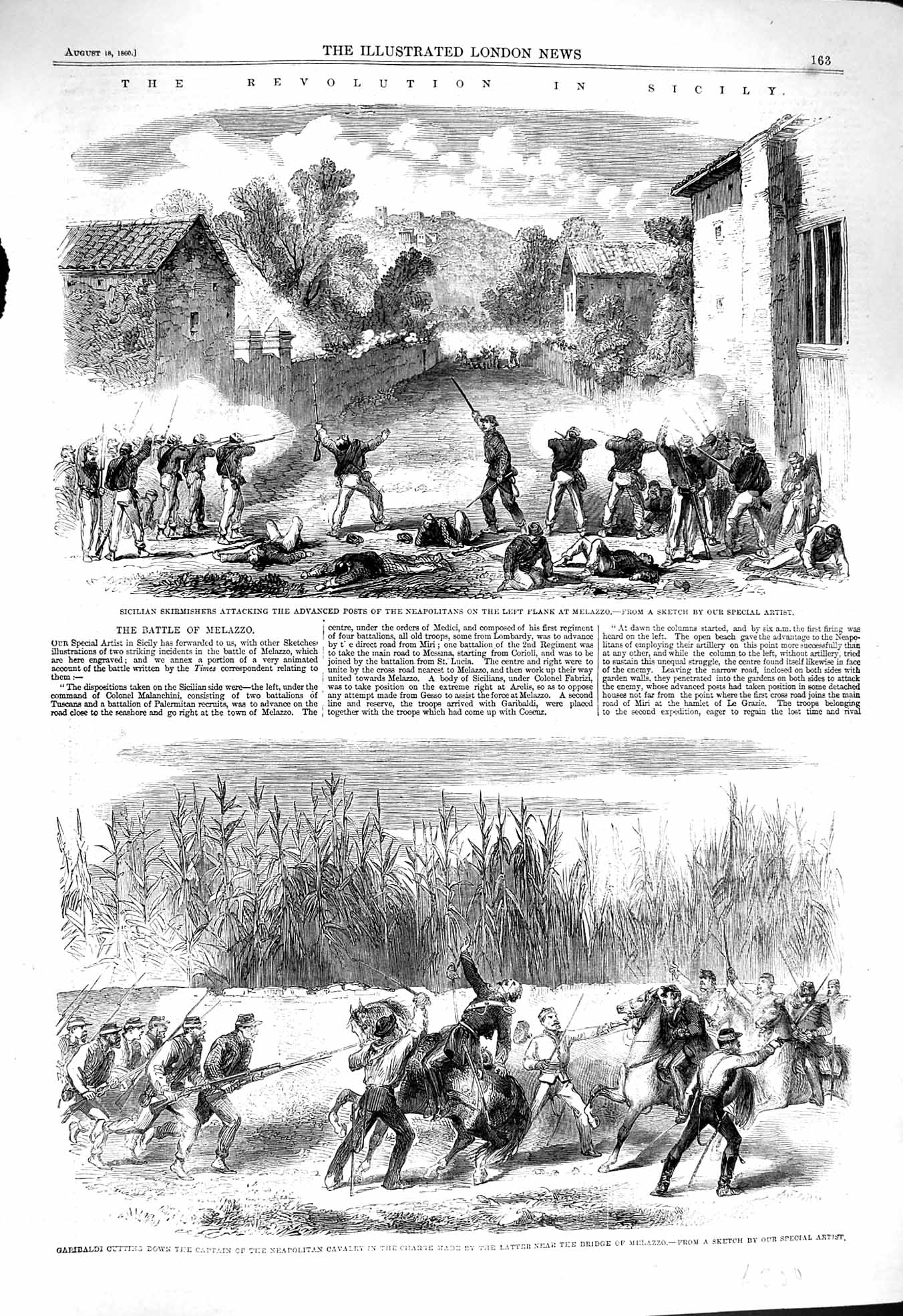 Original Old Antique Print 1860 Revolution Sicily Garibaldi Neapolitans 19th