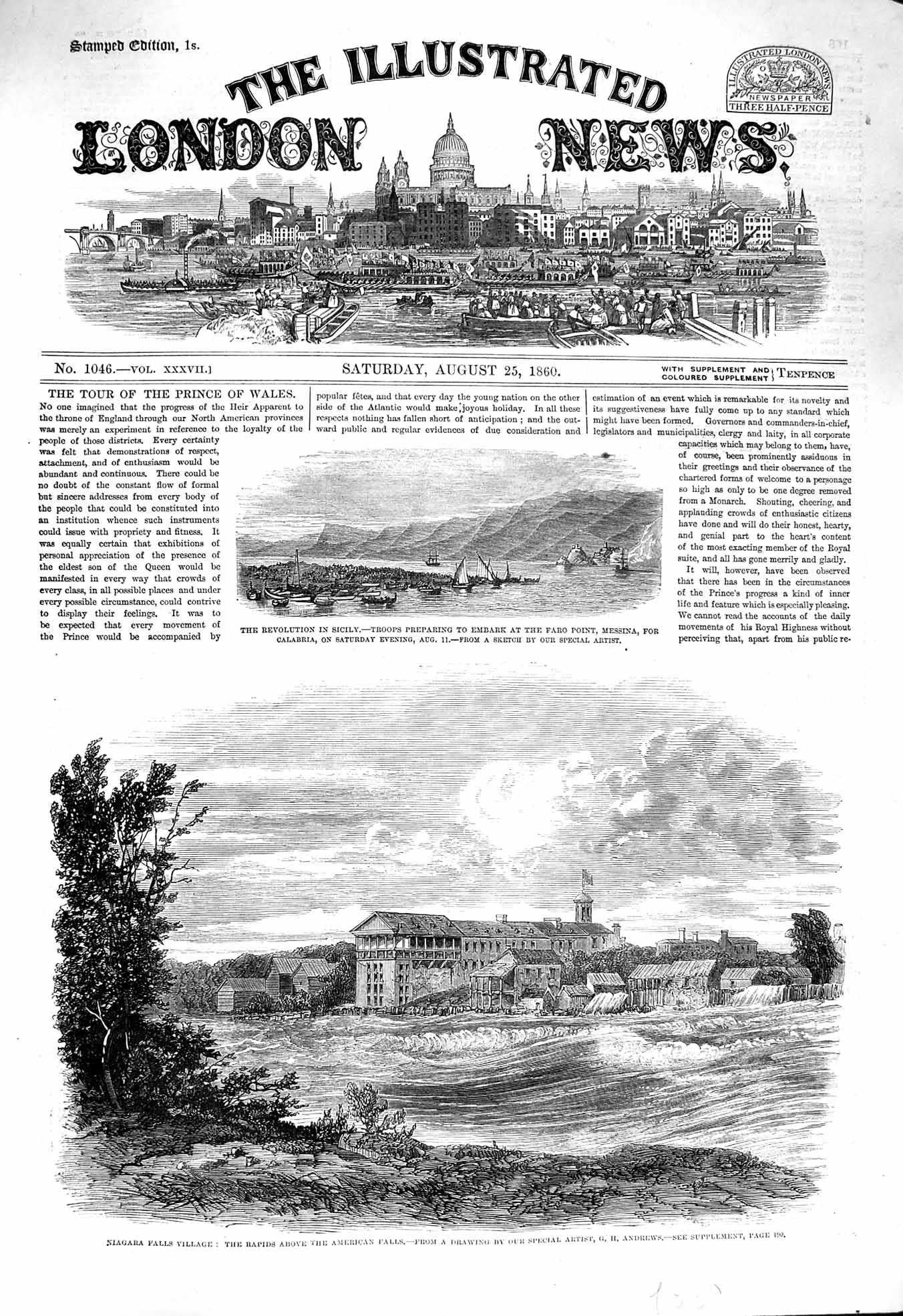 Old Antique Print 1860 Niagara Falls America Rapids Sicily Faro Messina 19th