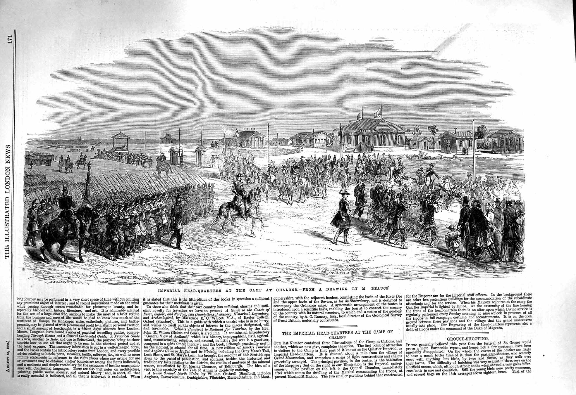Original Old Antique Print 1860 Head-Quarters Camp Chalons France Siers War