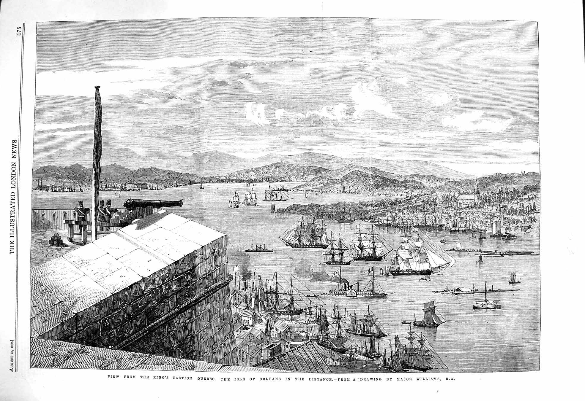 Original Old Antique Print 1860 Isle Orleans King'S Bastion Quebec Canada Ships