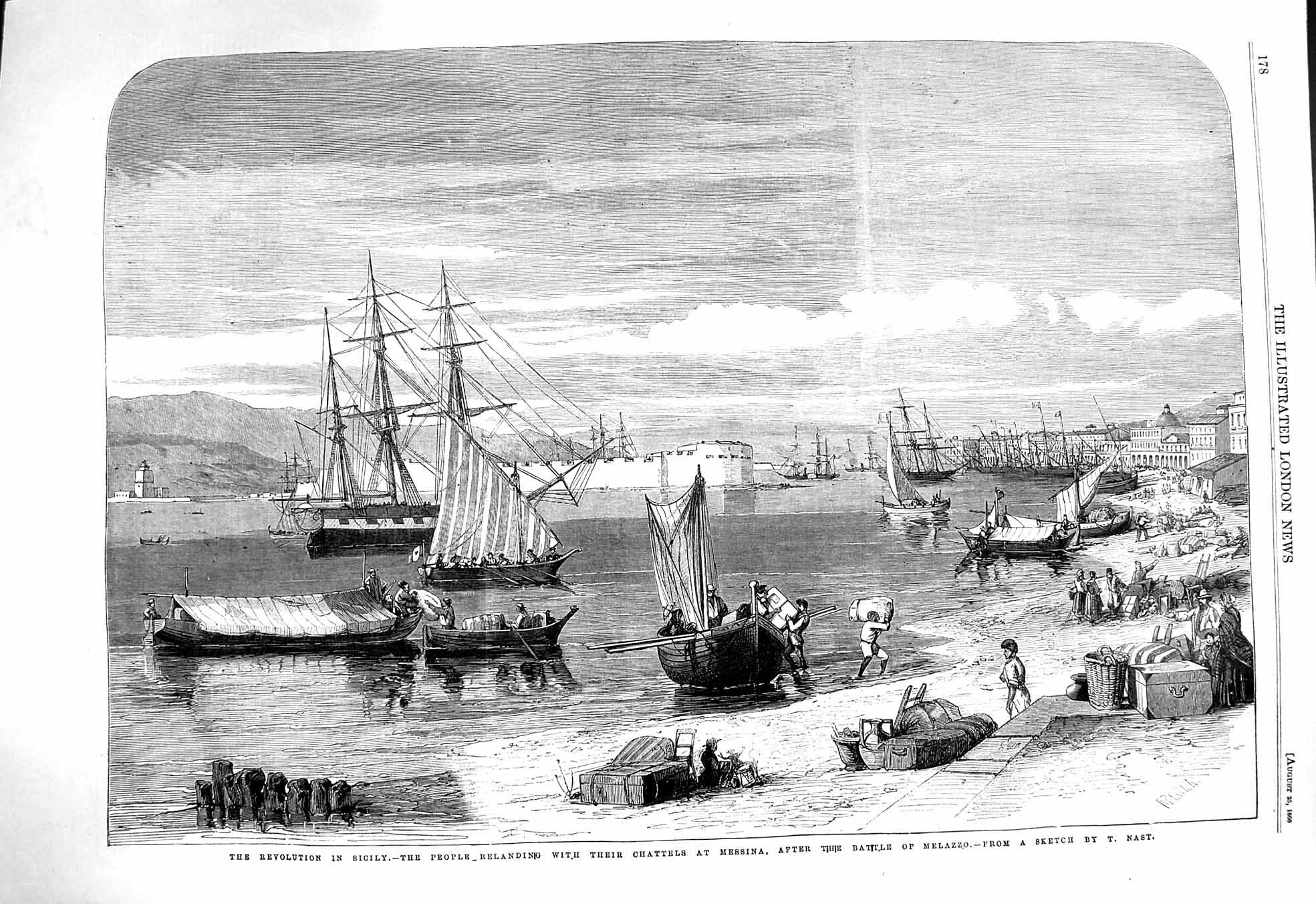 Original Old Antique Print 1860 Revolution Sicily Chattels Messina Battle 19th