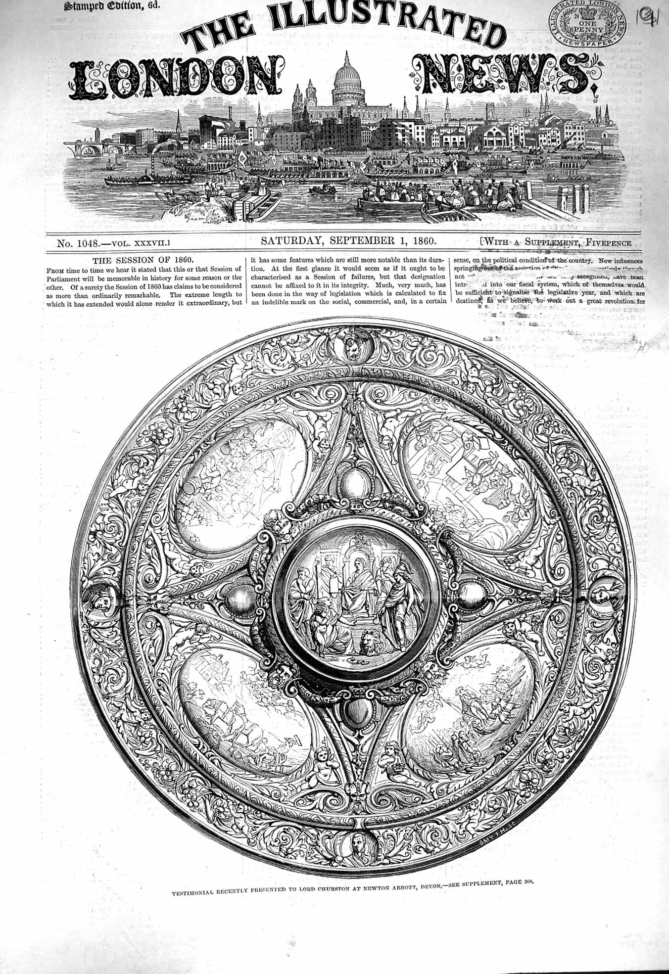 Original Old Antique Print 1860 Testimonial Lord Churston Newton Abbott Devon
