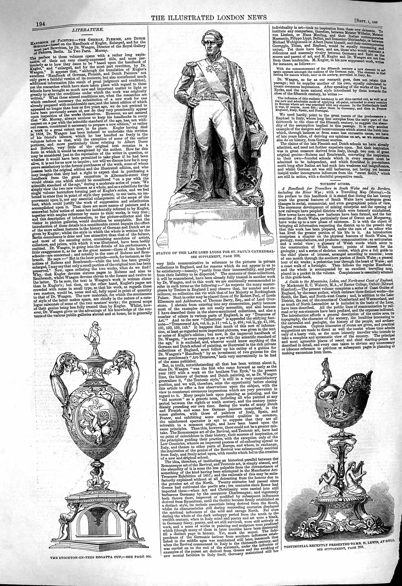Old Antique Print 1860 Statue Lord Lyons Lewis Stockton-On-Tees Regatta 19th