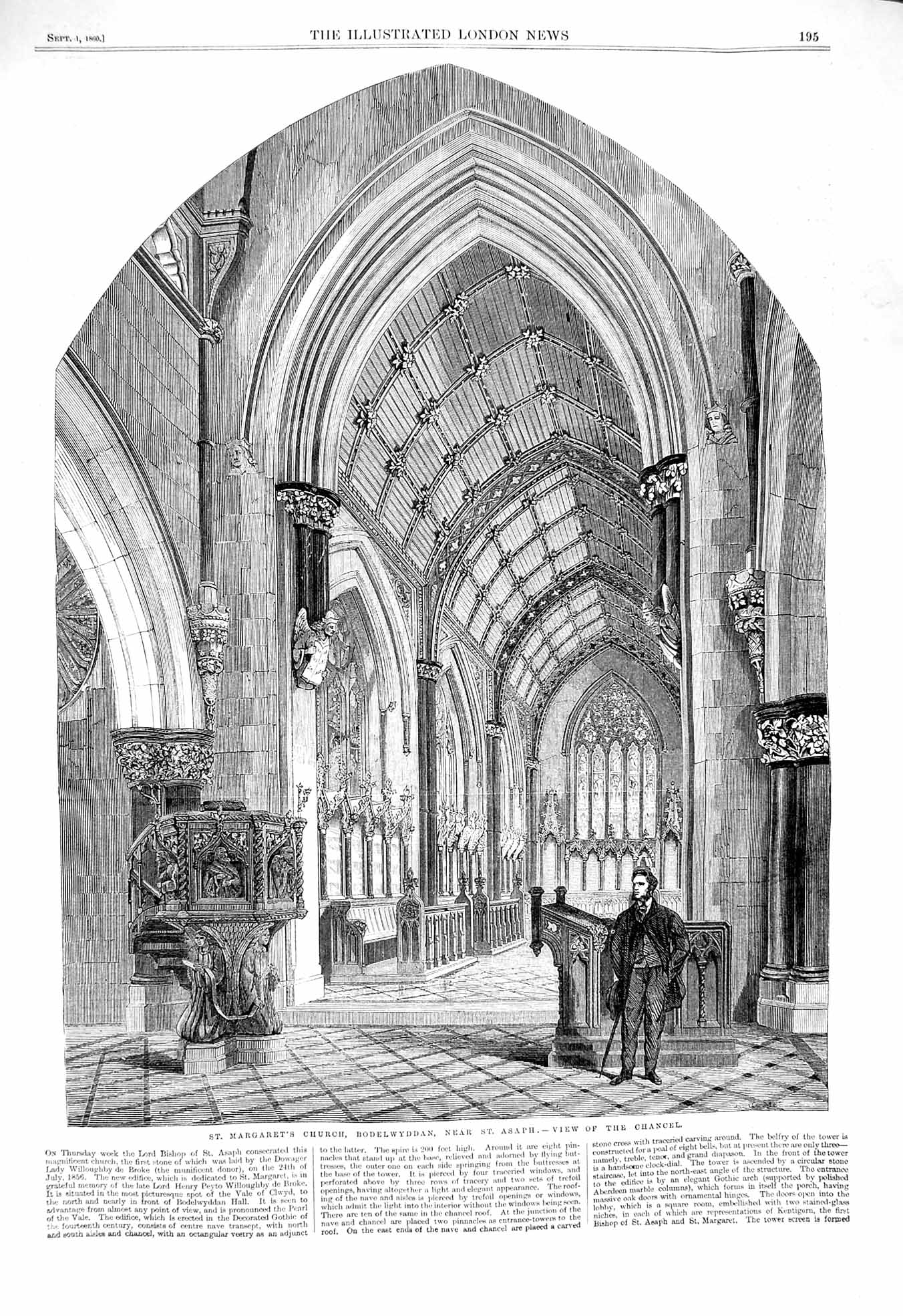 Original Old Antique Print 1860 St. Margarets Church Bodelwyddan Asaph Chacnel
