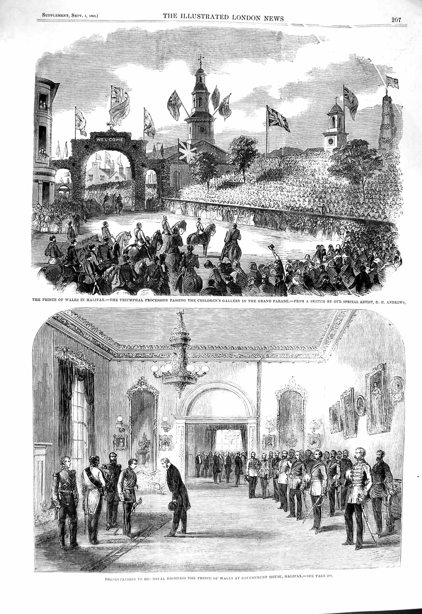 Original Old Antique Print 1860 Prince Wales Halifax Government House Children