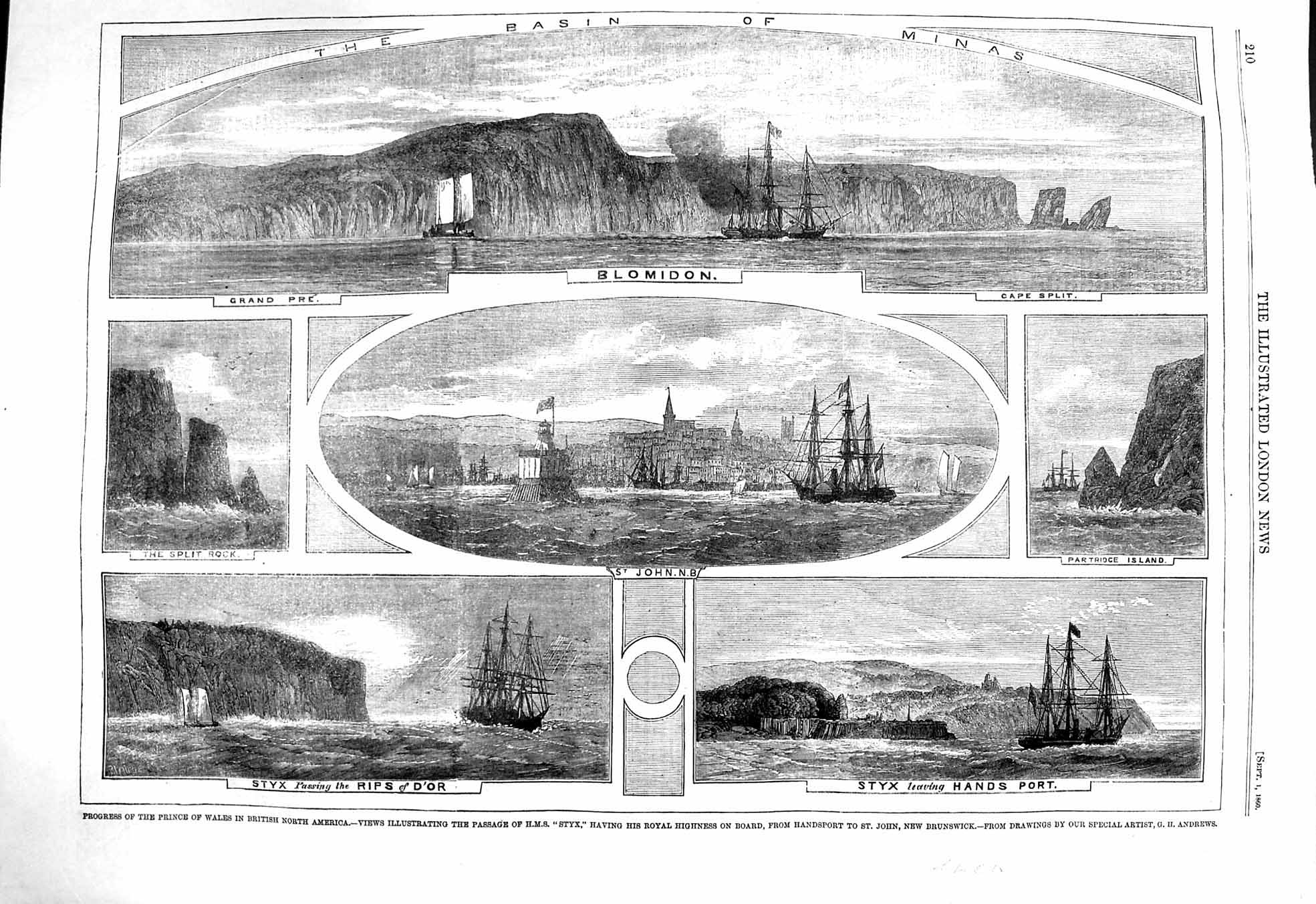 Old Antique Print 1860 Basin Minas Blomidon St. John Styx Ship Partridge 19th