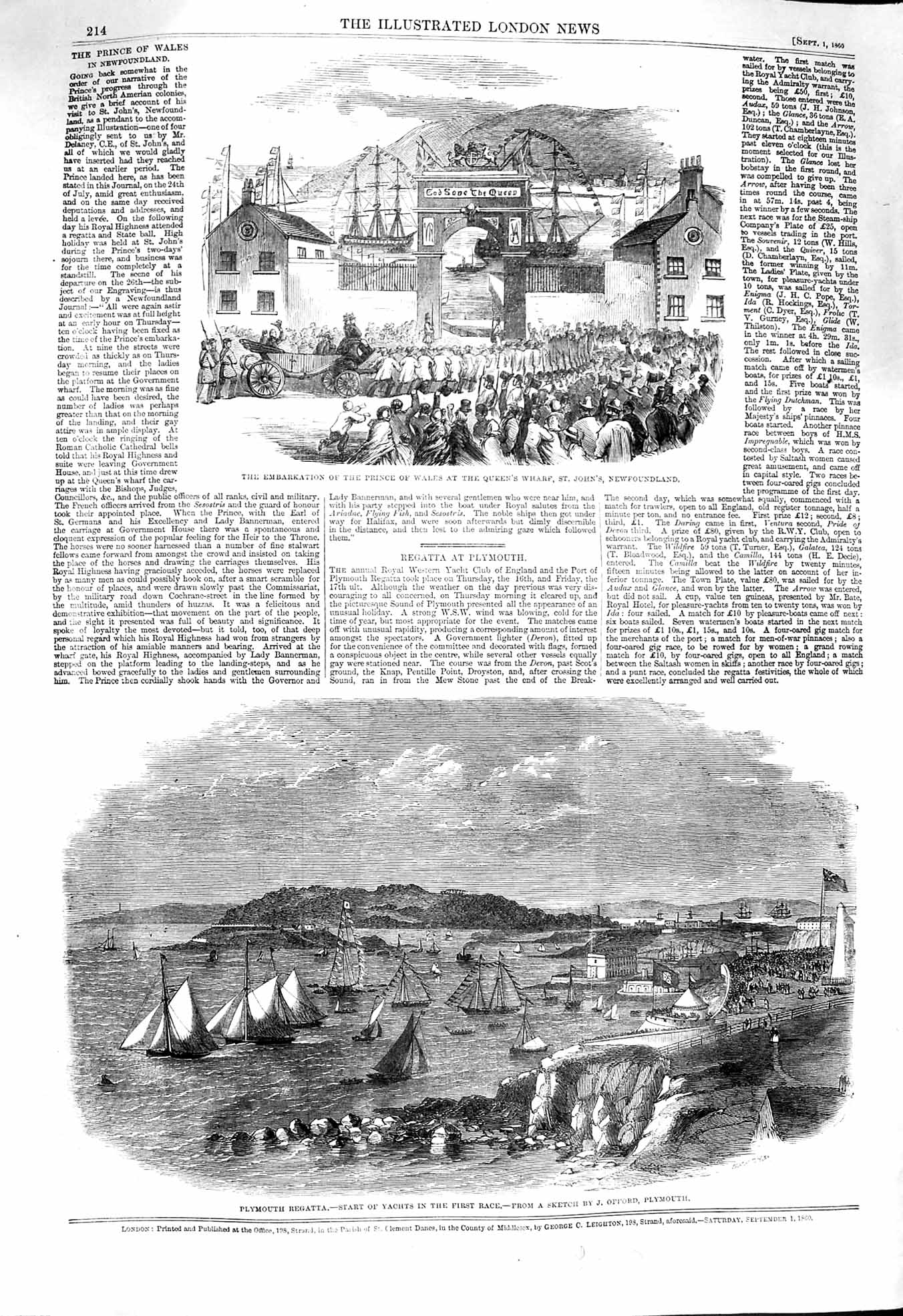 Old Antique Print 1860 Prince Wales Newfoundland Plymouth Regatta Yachts 19th