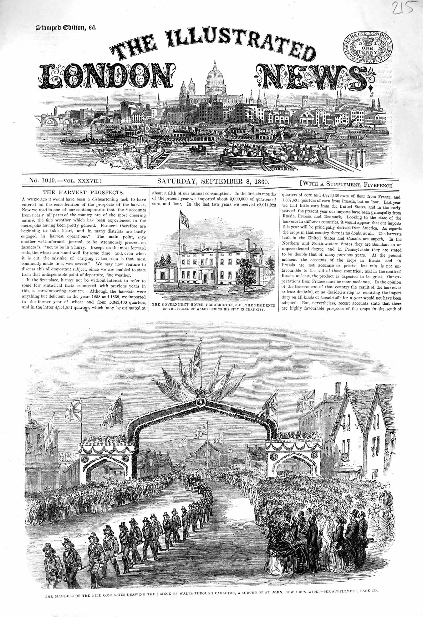 Old Antique Print 1860 Government Fredericton Fire Brigade Carleton Wales 19th