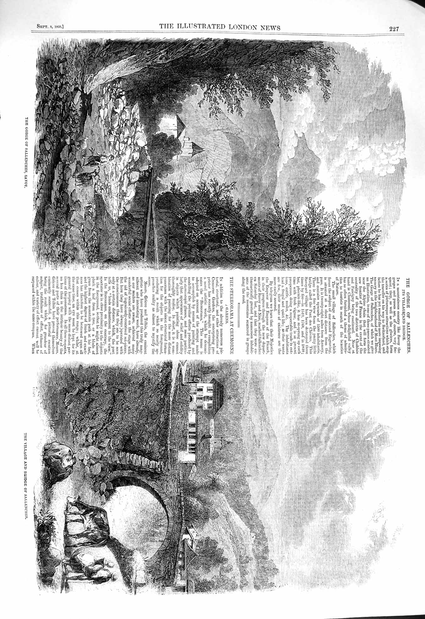 Old Antique Print 1860 Gorge Sallenches Savoy Village Bridge Cattle Goats 19th