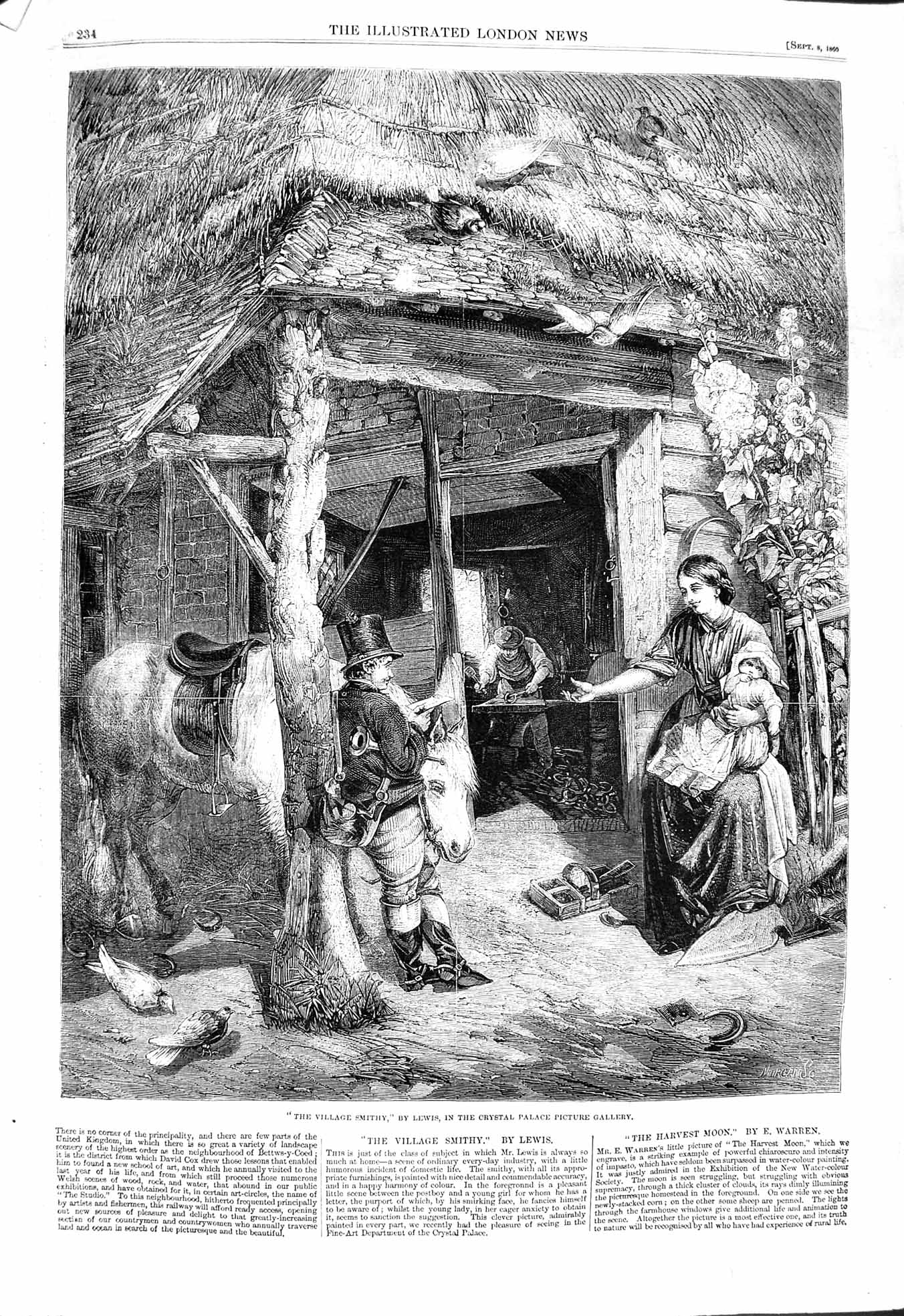 Original Old Antique Print 1860 Village Smithy Horse Shoeing Blacksmith Lewis