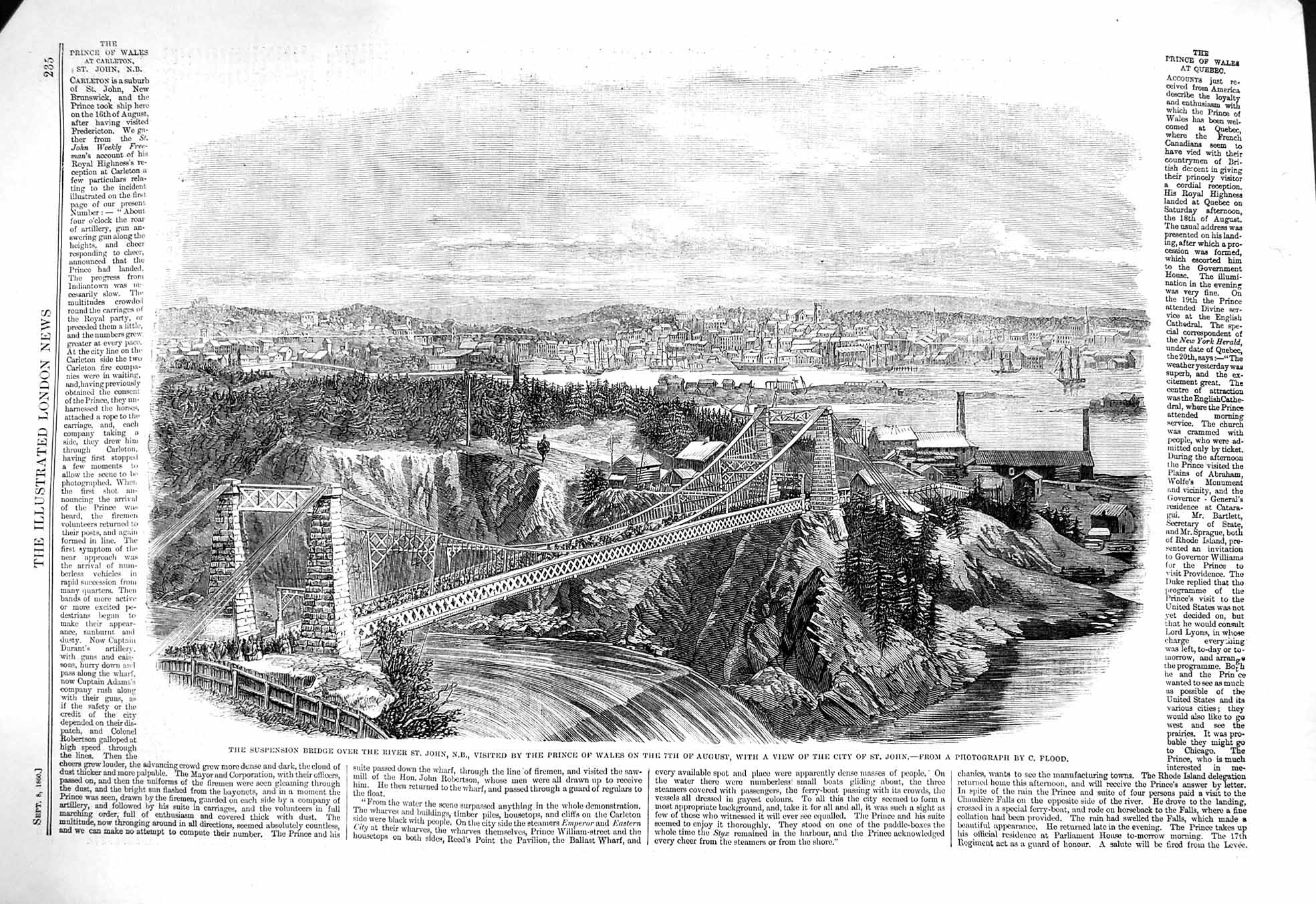 Original Old Antique Print 1860 Suspension Bridge River St. John Canada Flood