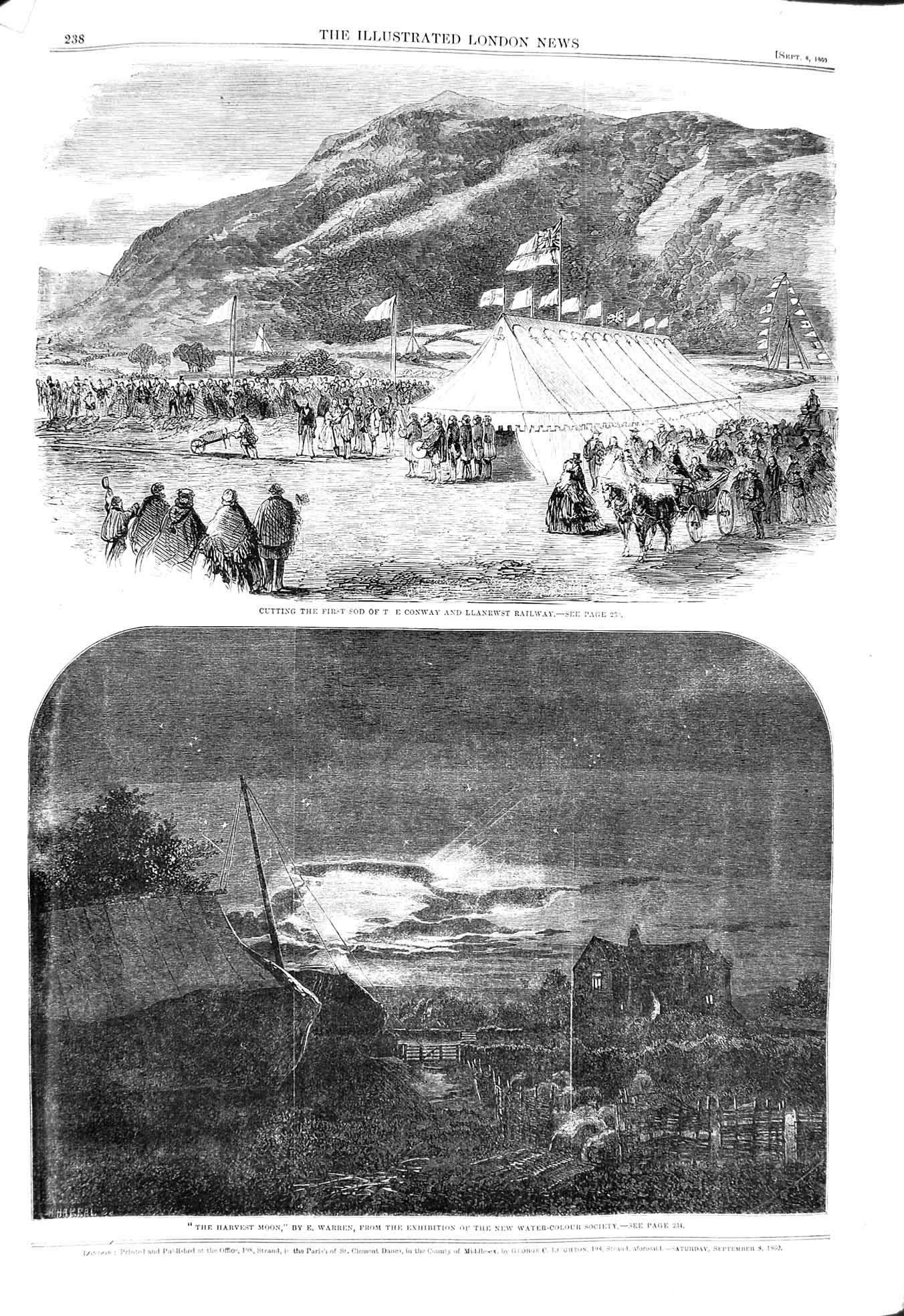Original Old Antique Print 1860 Conway Llanrwst Railway Harvest Moon Farm Scene