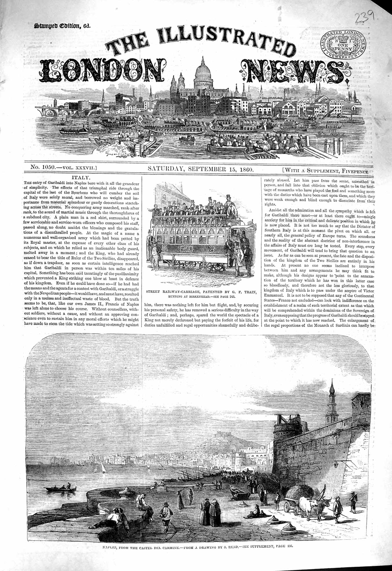 Old Antique Print 1860 Naples Castel Del Carmine Railway Carriage Train 19th