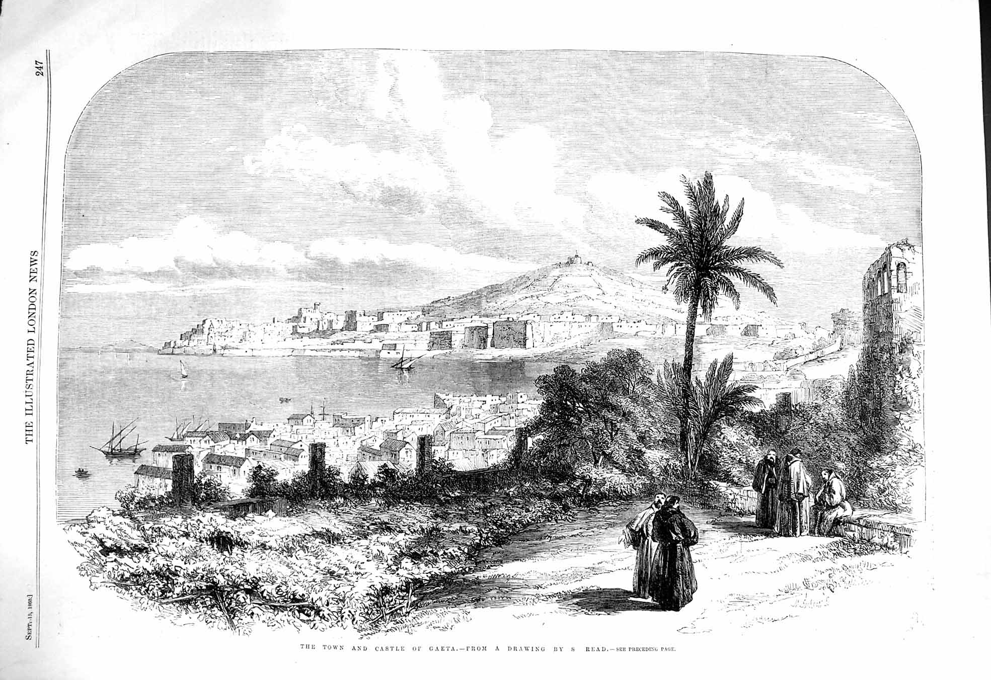 Original Old Antique Print 1860 View Town Castle Gaeta Ship Yacht Read 19th