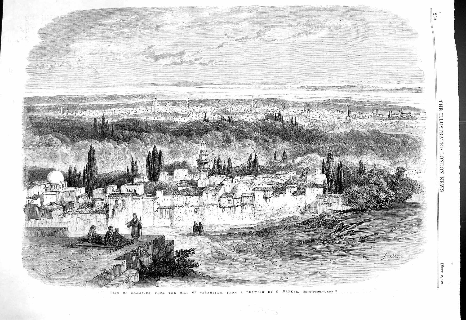 Original Old Antique Print 1860 View Damascus Hill Salahiyeh Holy Land Harker