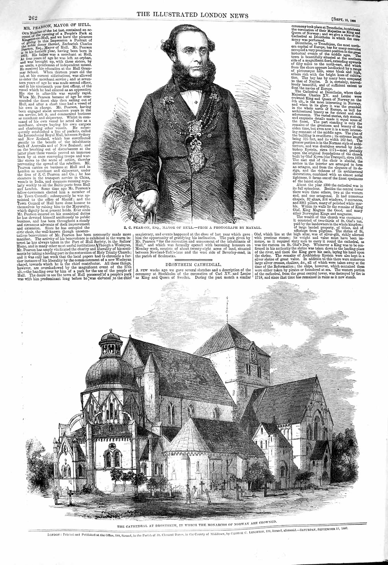 Original Old Antique Print 1860 Portrait Pearson Mayor Hull Cathedral Drontheim