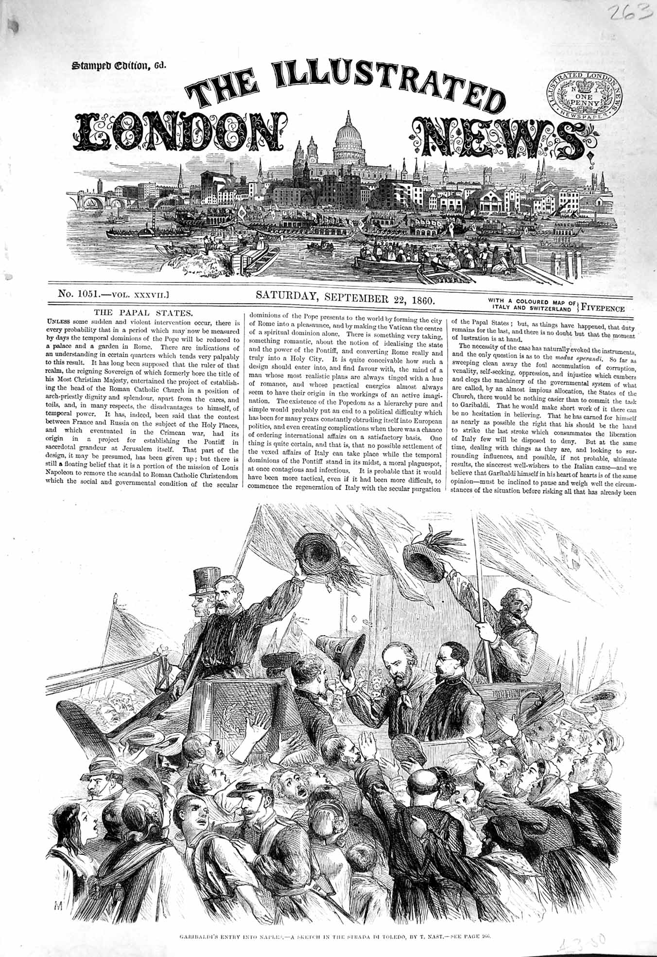 Original Old Antique Print 1860 Garibaldi Entry Naples Strada Di Toled Victorian