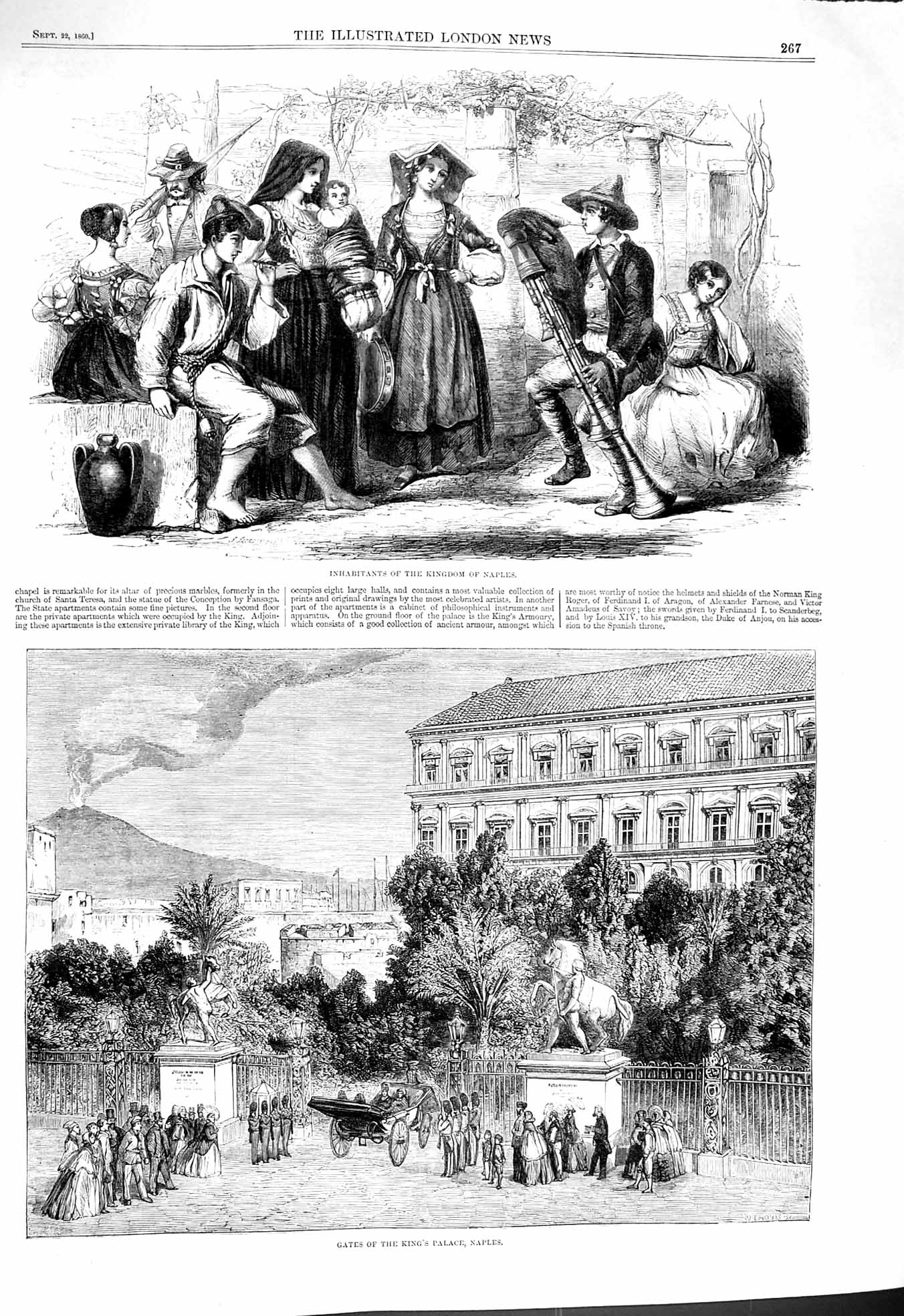Original Old Antique Print 1860 People Kingdom Naples Italy Gates King'S Palace