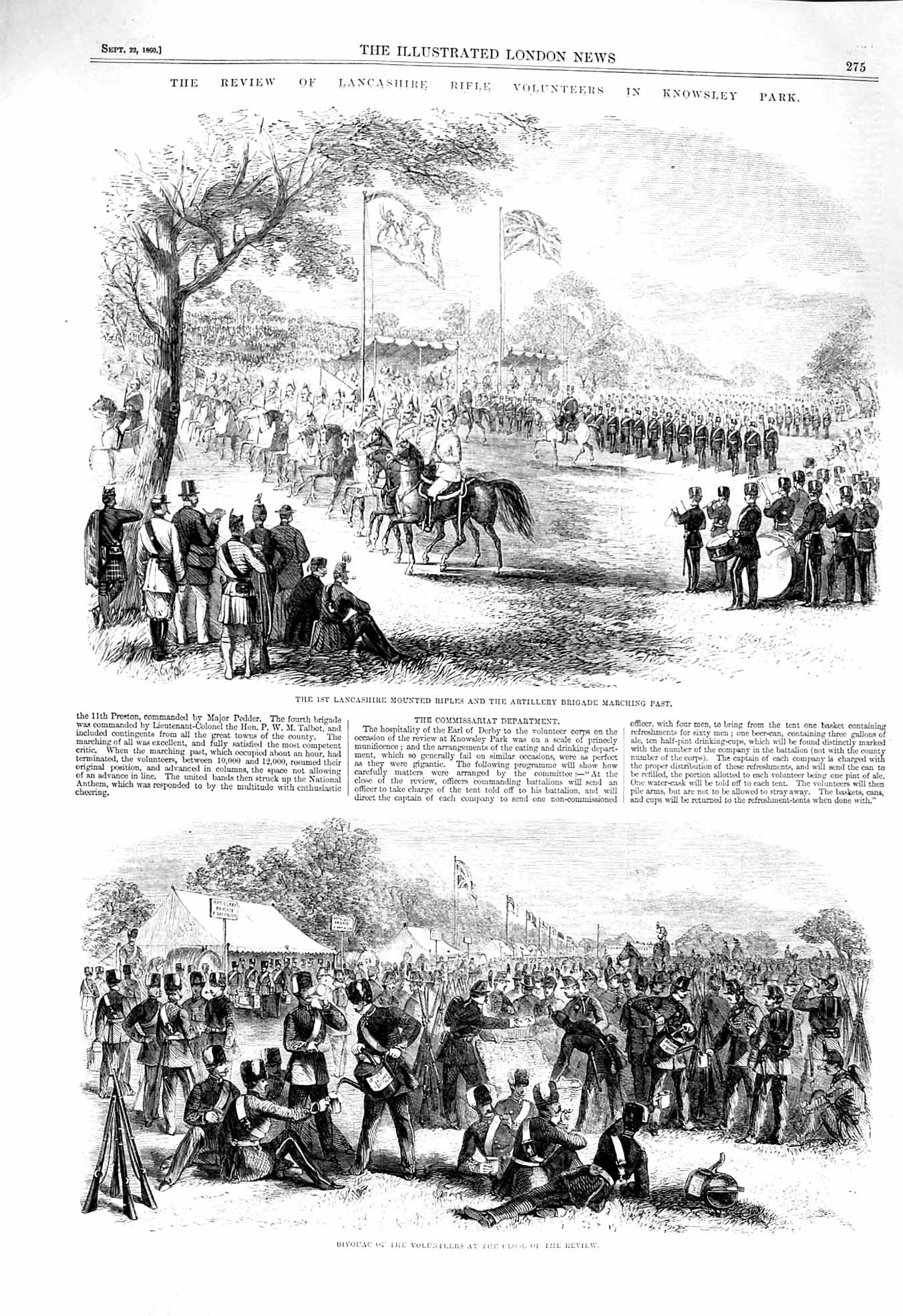 Old Antique Print 1860 Lancashire Rifle Volunteers Knowsley Artillery War 19th