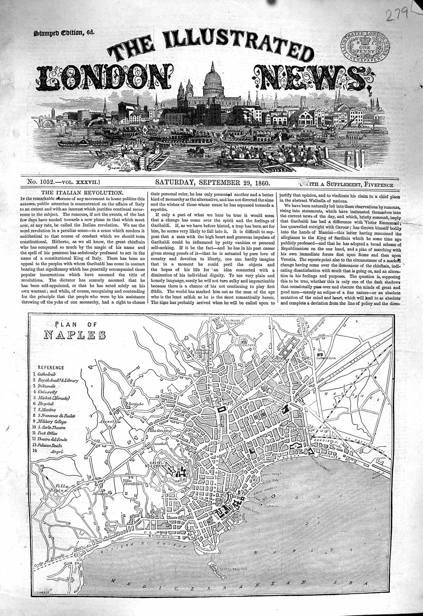 Original Old Antique Print 1860 Map Plan Naples Mediterranean 19th
