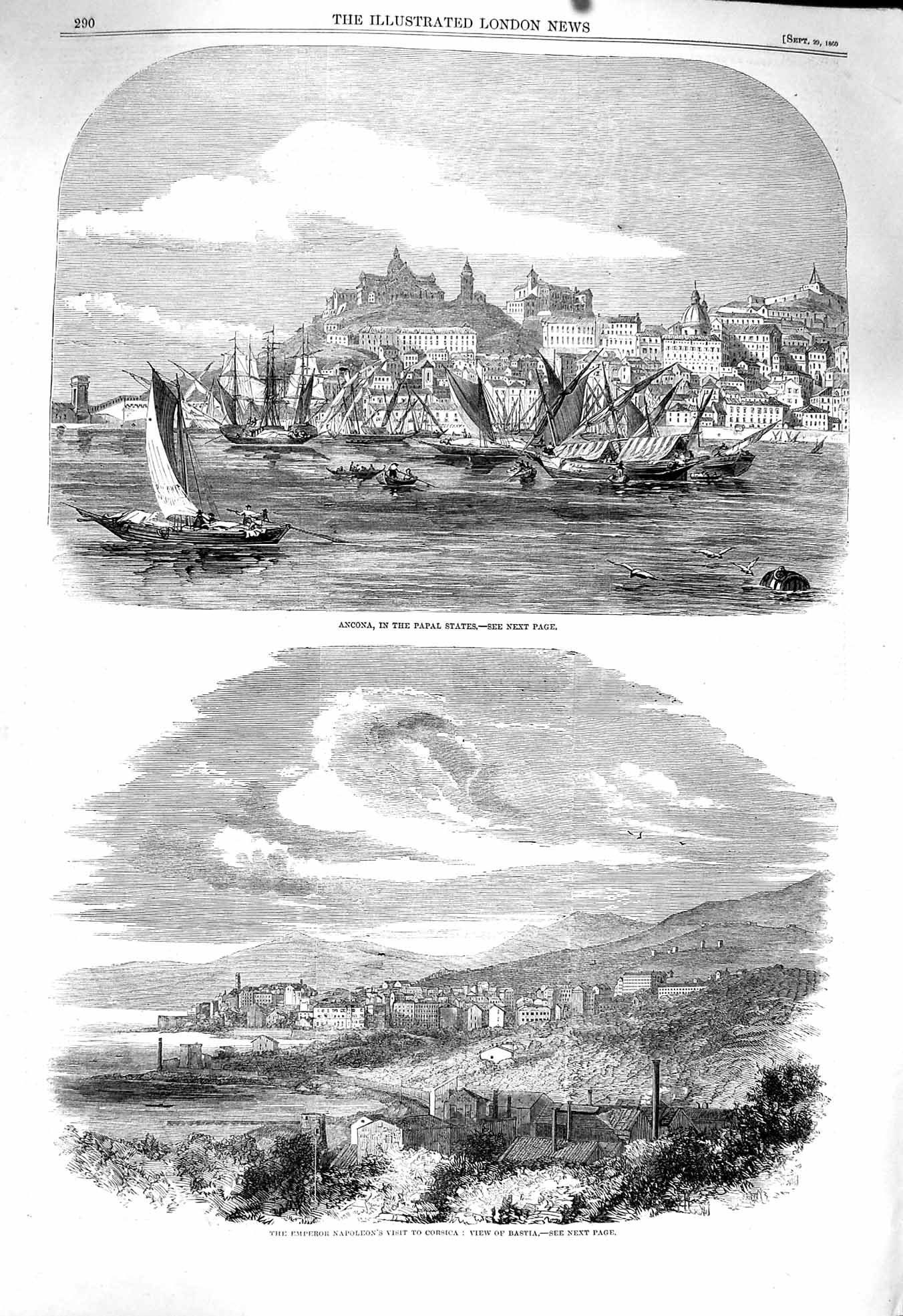 Original Old Antique Print 1860 Ancona Papal Emperor Napoleon Corsica Bastia