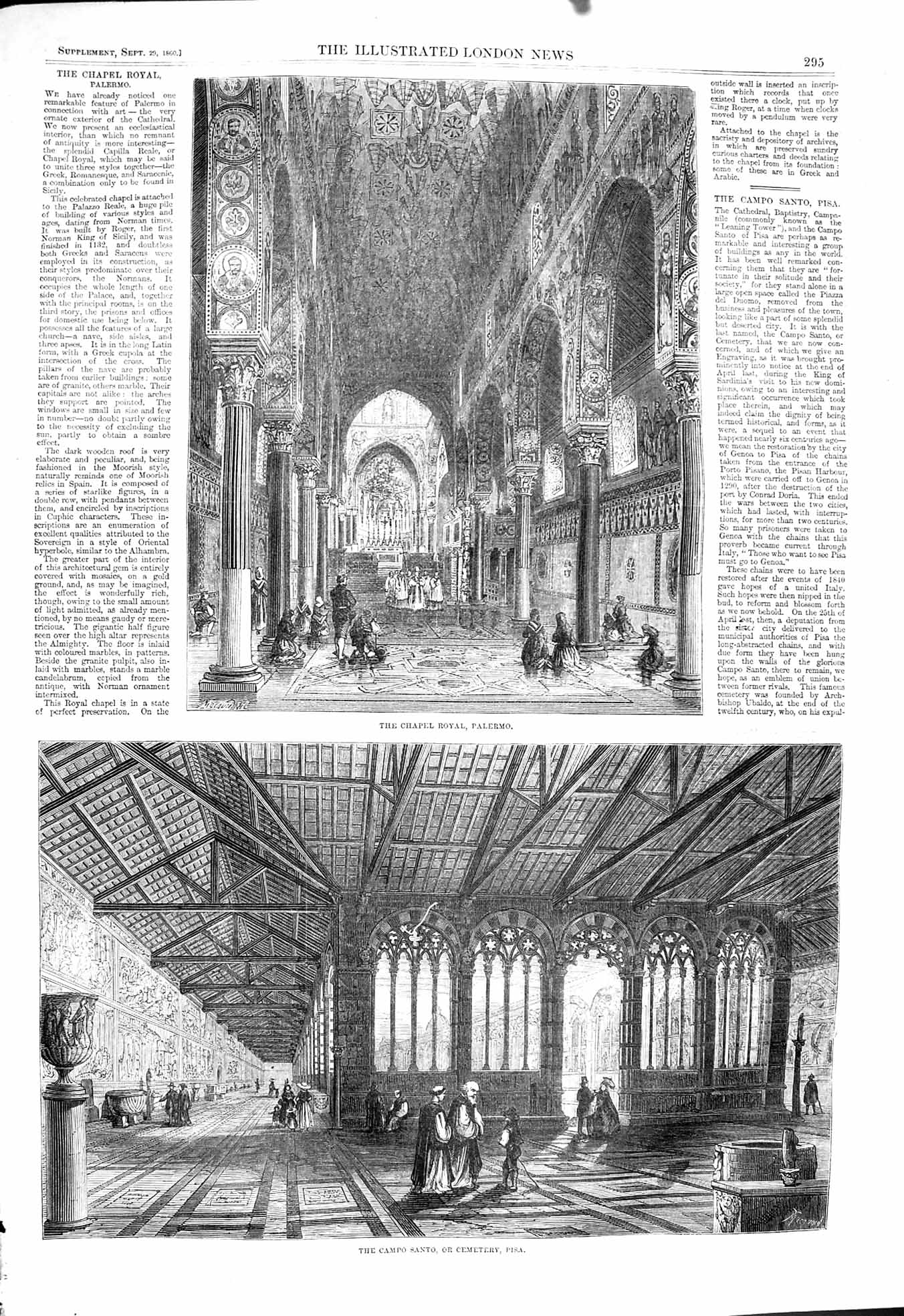 Original Old Antique Print 1860 Chapel Royal Palermo Campo Santo Cemetery Pisa