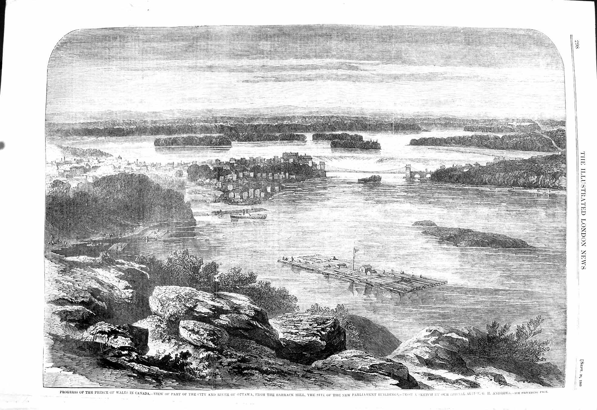 Old Antique Print 1860 Prince Wales Canada City River Ottawa Barrack Hill 19th