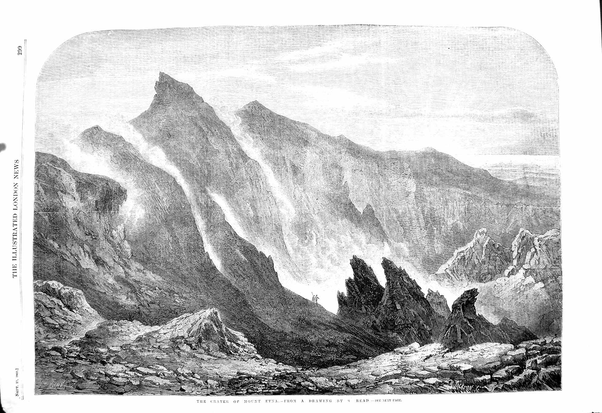 Original Old Antique Print 1860 Crater Mount Etna Mountain Volcano Read 19th