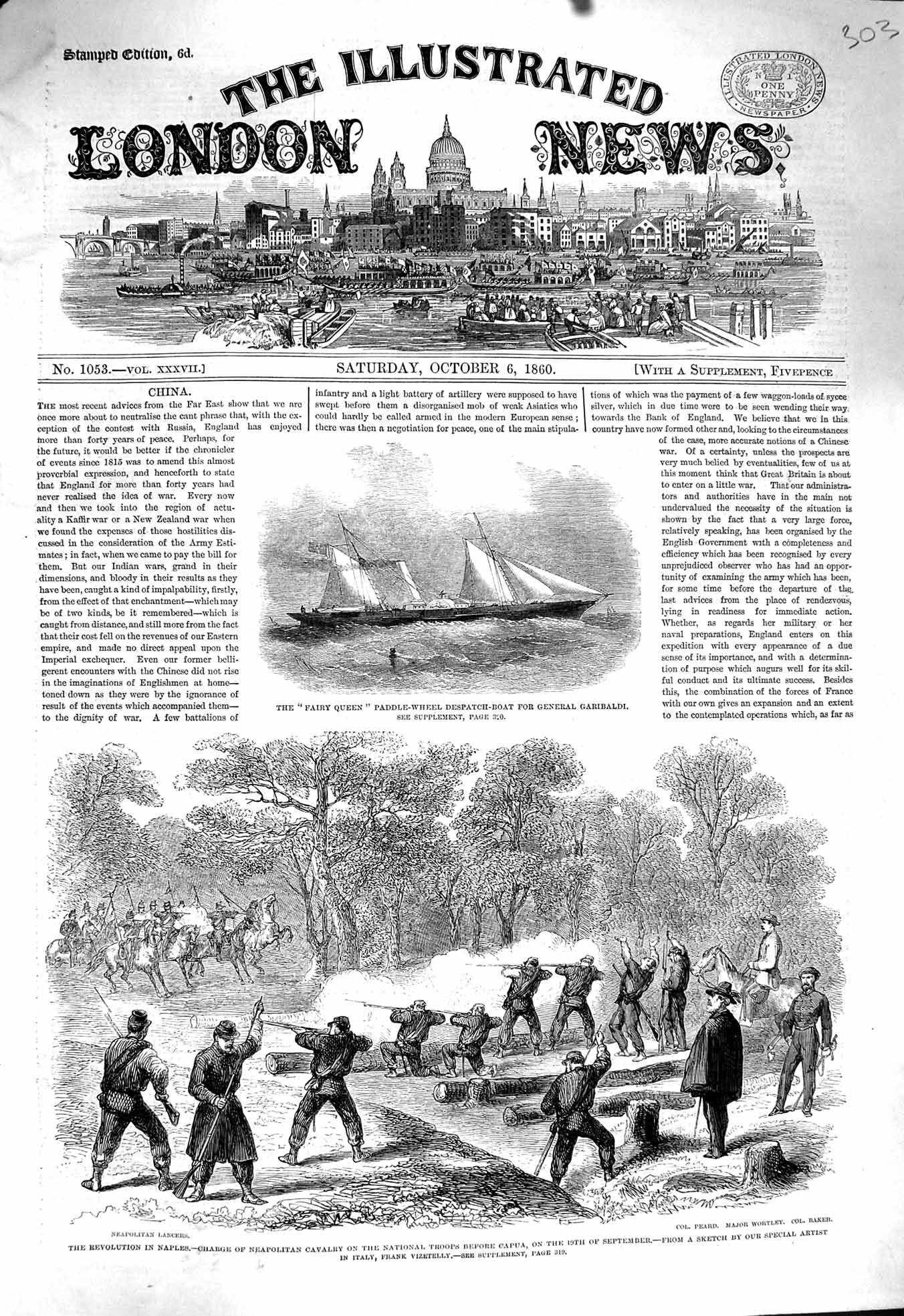 Original Old Antique Print 1860 Fairy Queen Ship Garibaldi Naples Capua Wortley