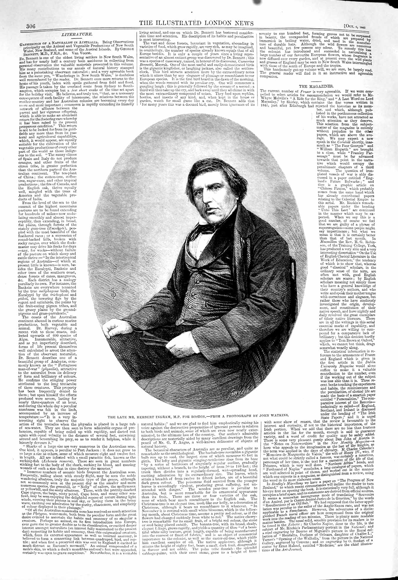 Old Antique Print 1860 Portrait Herbert Ingram Member Parliament Watkins 19th
