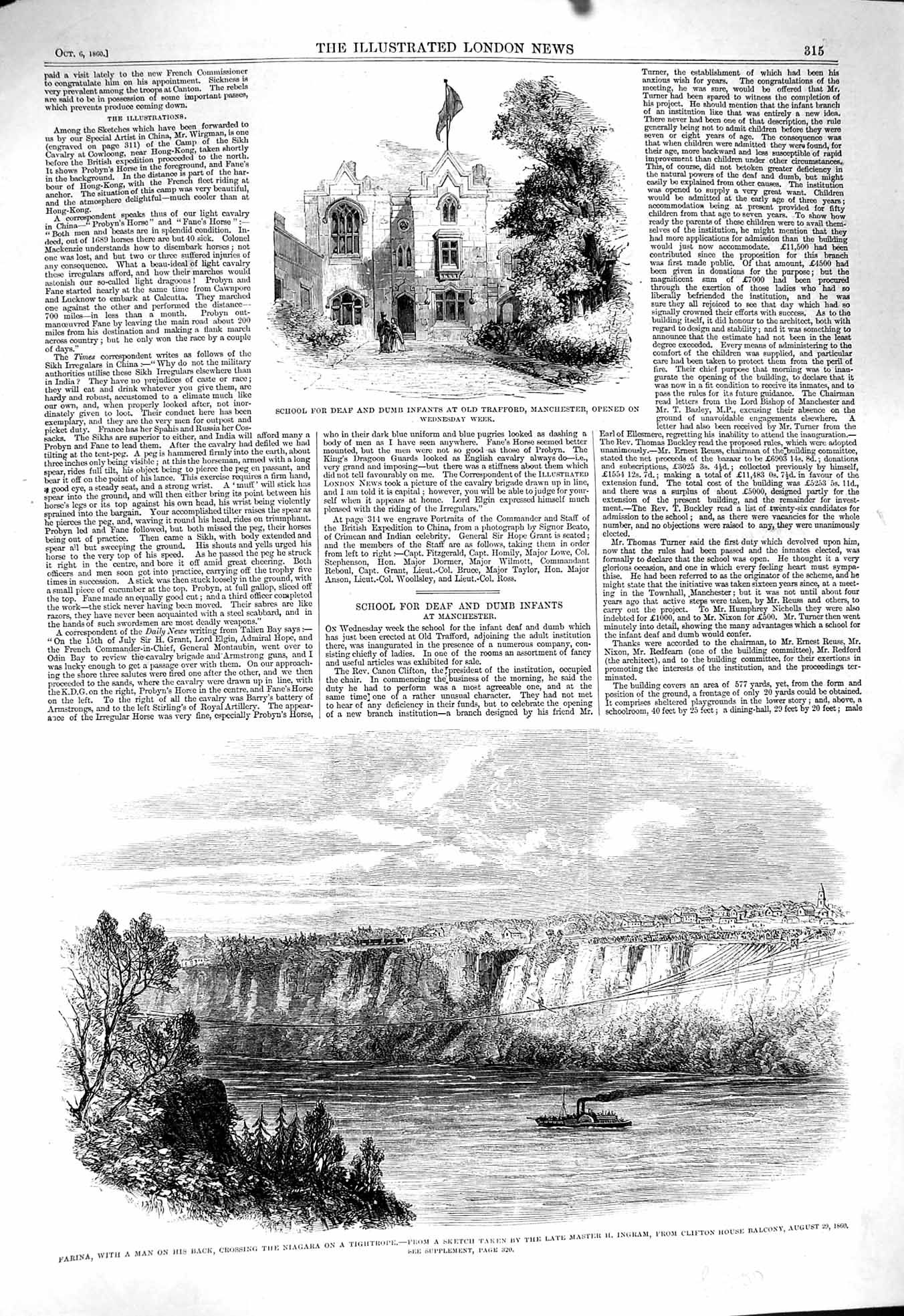 Old Antique Print 1860 School Deaf Dumb Trafford Farina Niagara Tightrope 19th