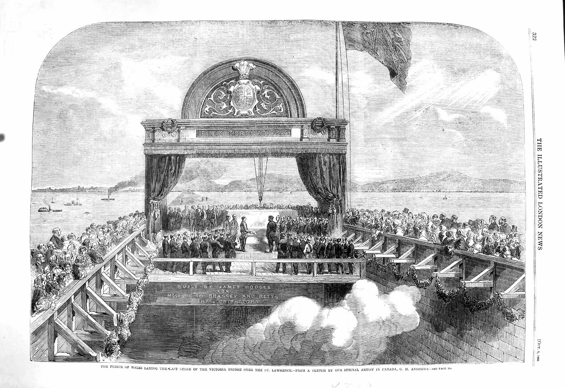 Old Antique Print 1860 Prince Wales Stone Victoria Bridge Lawrence River 19th