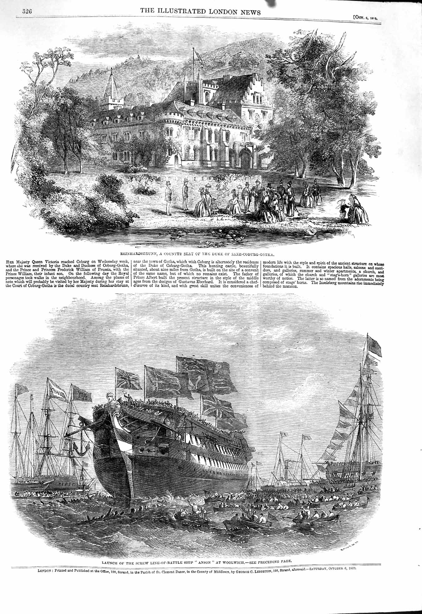 Old Antique Print 1860 Reinhardsbrunn Duke Saxe-Coburg-Gotha Ship Anson 19th